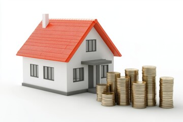This image presents a model house alongside stacks of coins, visualizing the concept of real estate investment, financial growth, and wealth building in the property market.