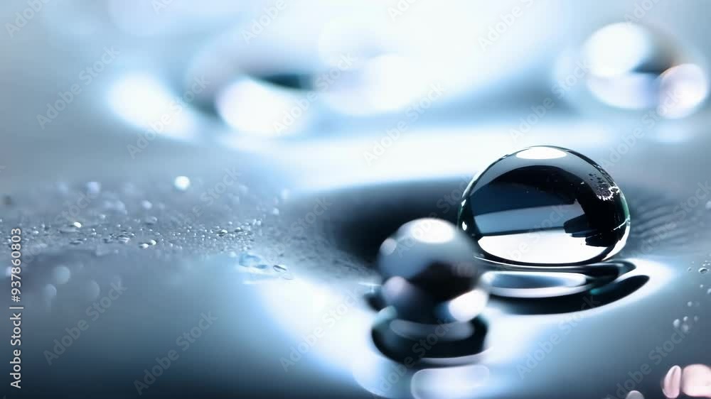 Poster shiny balls on wet surface reflect light with water drops, creating elegant abstract background in b