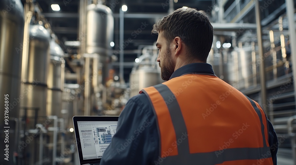 Leinwandbilder Industrial Engineer Working at a Technology Factory Middle Aged Male Using Laptop Computer at Work Browsing Electronics Information Online Mans Back in Safety Vest Turned to Camera : Generative AI