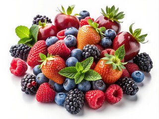 Vibrant assortment of fresh mixed berries including strawberries, blueberries, raspberries, and blackberries scattered randomly on a clean, white, isolated background with subtle shadows.