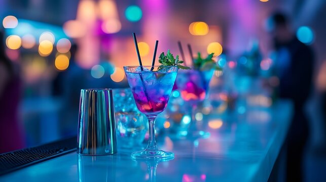 cocktail and wine at social events like party and weddings served by bartender and waiter evening beutiful indoor and outdoor lights : Generative AI