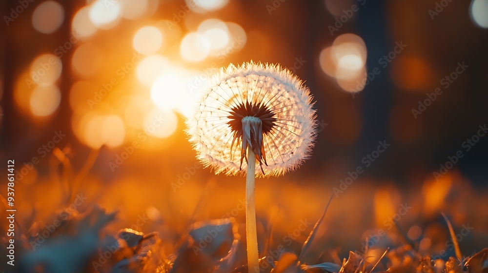 Aufkleber Big white dandelion in a forest at sunset Macro image shallow depth of field Abstract summer nature background : Generative AI