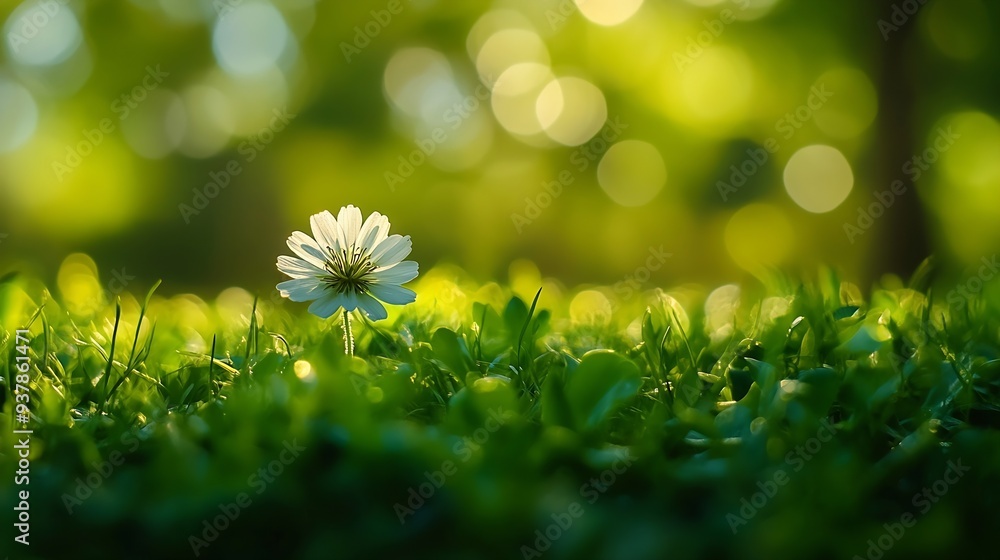 Poster White dandelion in a green grass on a forest meadow Macro image shallow depth of field Abstract summer nature background : Generative AI