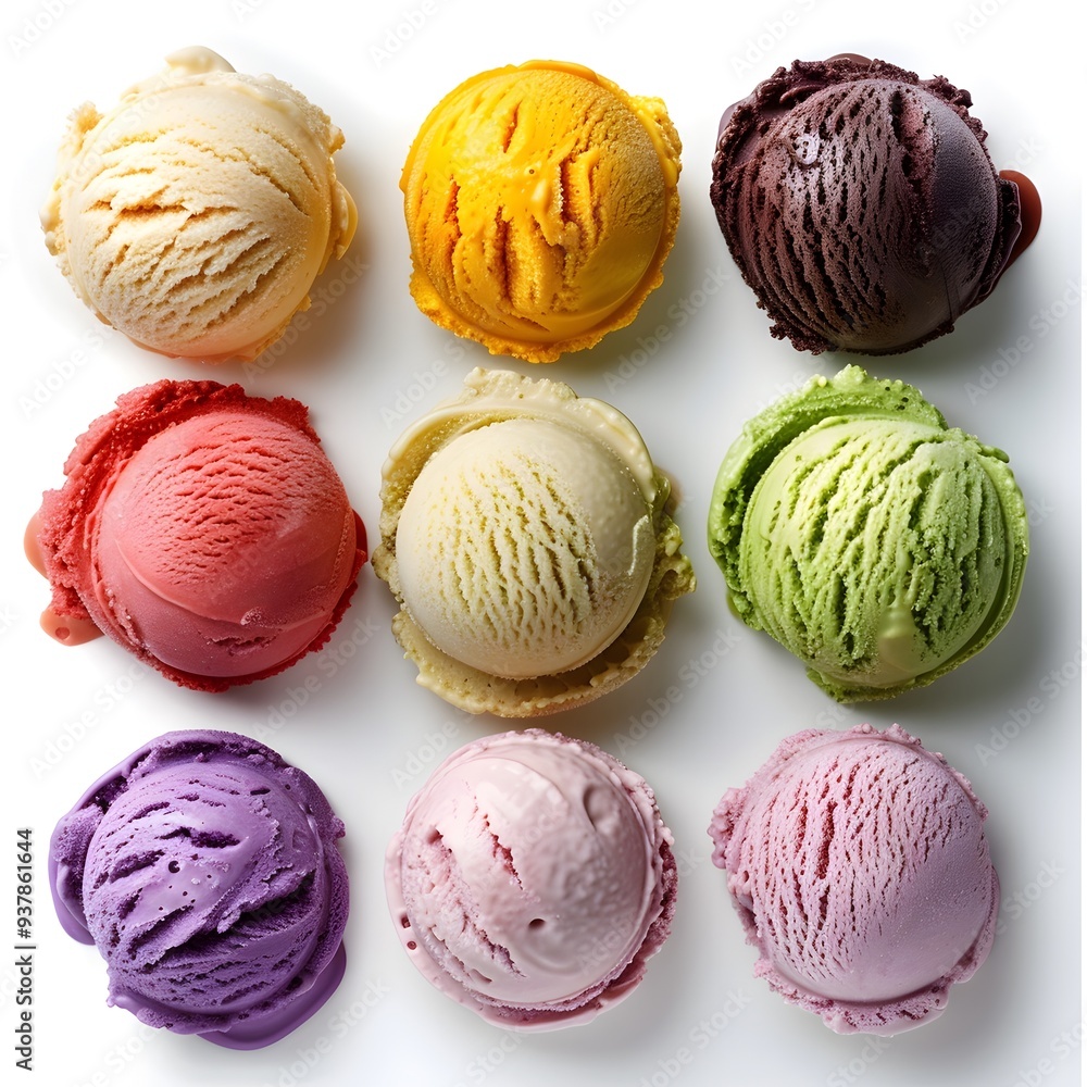 Poster assorted gelato scoops in vibrant colors arranged in a neat row on a white background