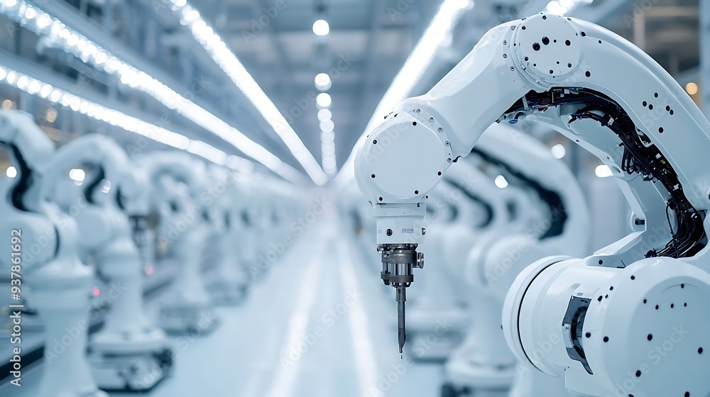 Aufkleber industrial robot arms assemble lithiumion ev battery pack row of white robotic arms at automated pro