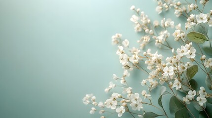 Delicate floral arrangement, white wildflowers, dried botanicals, soft green leaves, pale mint background, copy space for text, flat lay composition, pastel color palette.
