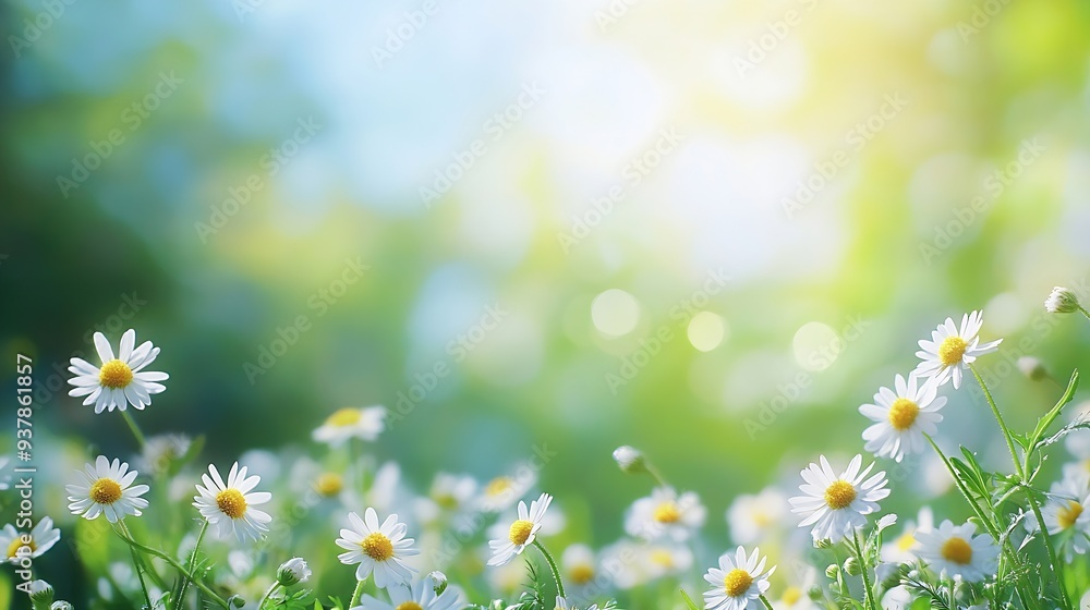 Aufkleber beautiful blurred spring background nature with blooming glade chamomile trees and blue sky on a sun