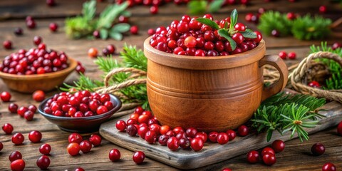 Vibrant red freshly picked lingonberries overflow from a small terracotta pot, surrounded by a sweet aromatic jam, evoking the essence of Scandinavian culinary delights.