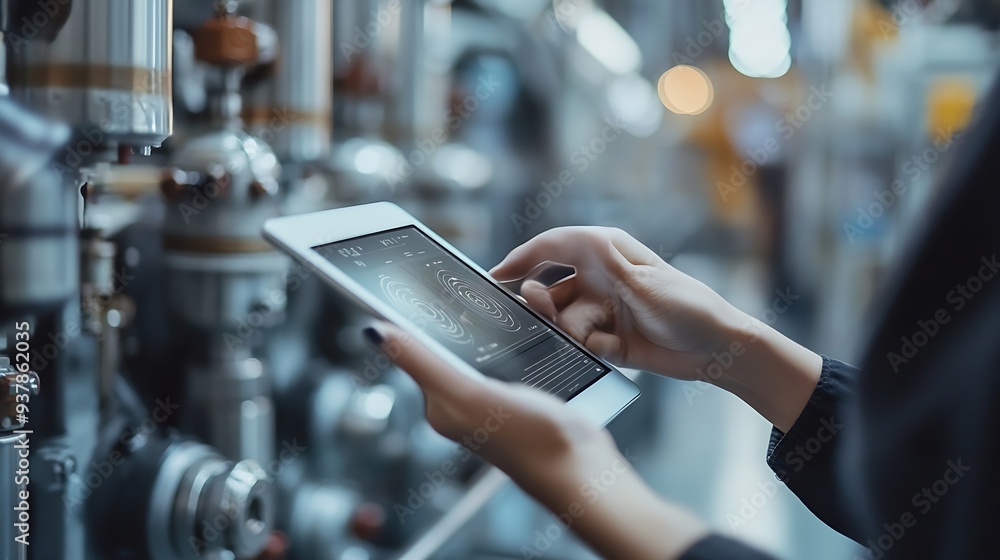 Poster Smart industry control conceptHands holding tablet on blurred automation machine as background : Generative AI