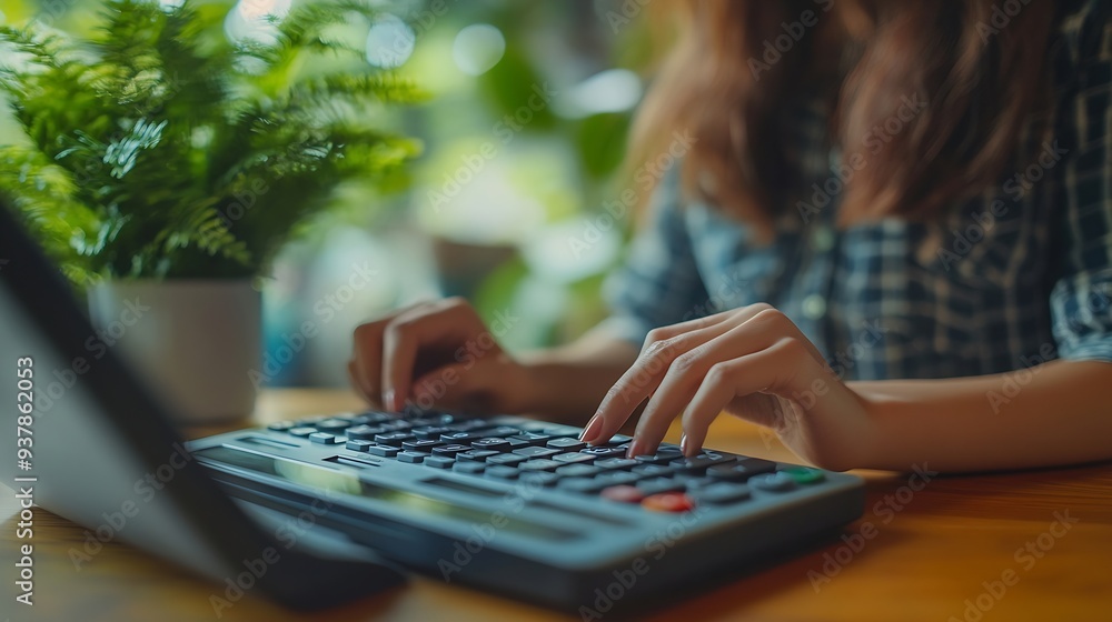 Aufkleber doing finance budgeting and tax calculation close up woman hand using calculator to calculate home f