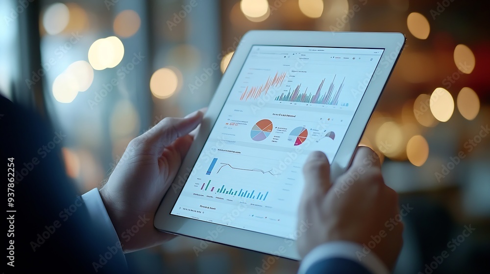 Poster Business 2025 analytics tools charts and graphs with statistics to analyze business potential and forecast future development of companies growth Businessman using a tablet : Generative AI