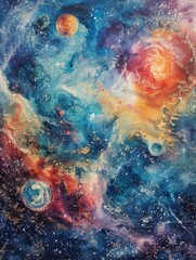 A vibrant outer space scene featuring a colorful nebula, multiple planets, stars, and a mystical galaxy, creating a stunning intergalactic spectacle in the cosmos.