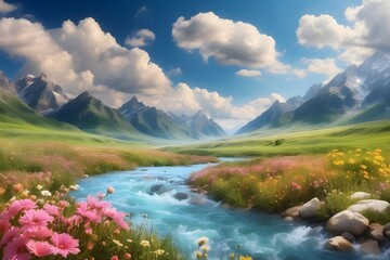 lake and flower and mountains