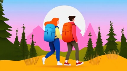 Explore a serene forest where a young couple enjoys playful adventures amidst natures beauty in this charming illustration.