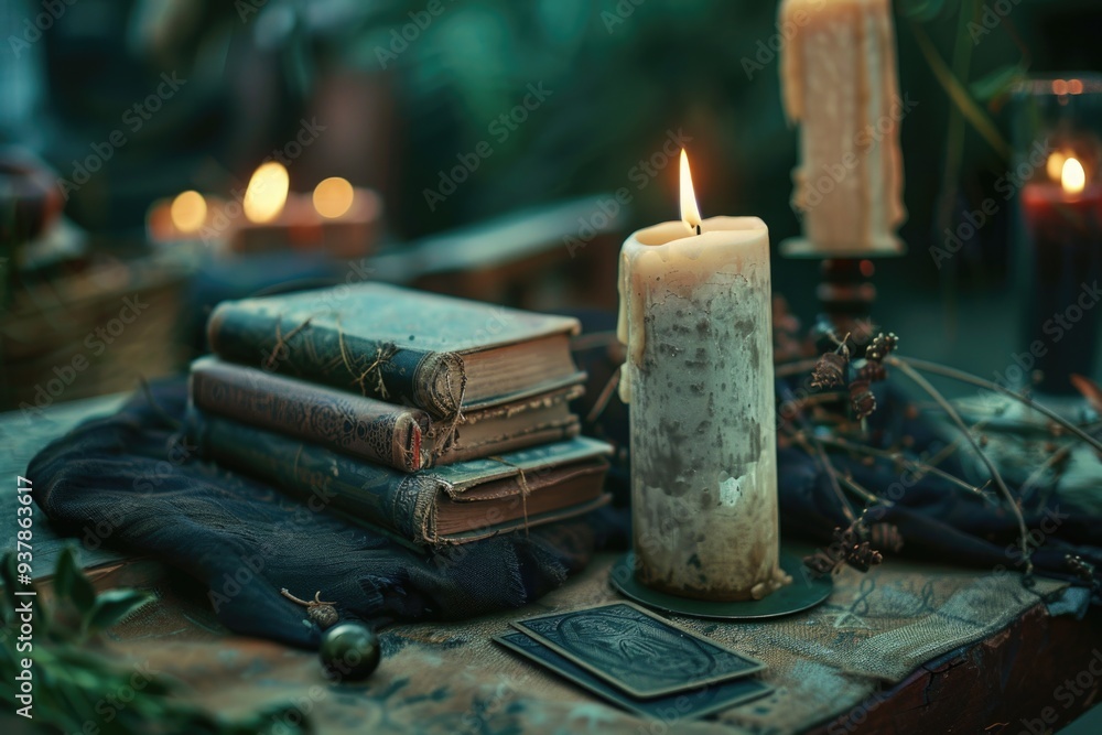 Poster a stack of books surrounded by a warm glow from a lit candle