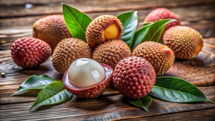 Ripe lychees scattered on a wooden table, their rough, leathery skin glistening with dew, revealing juicy white pulp and brown seeds within.