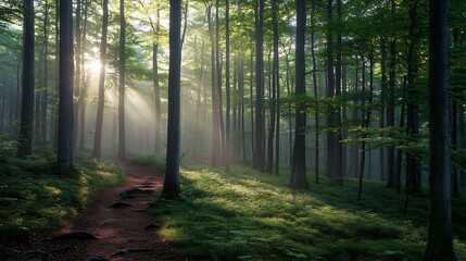 Fototapeta premium Hiking trail through natural green beech forest in the morning light the sun shines through the morning mist Ziegeroda Forest SaxonyAnhalt Germany Europe : Generative AI