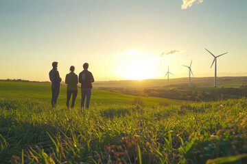 Researchers Discussing Environmental Science on Green Field with Wind Turbines in Background During International Week of Science and Peace