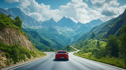 Road landscape with red car in nature scene View of travel by car on mountain road on sunny day Car driving in the beautiful nature of Europe Nature scenery on highway in green mountai : Generative AI