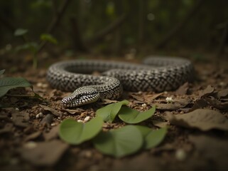Gaboon viper camouflaged on forest floor