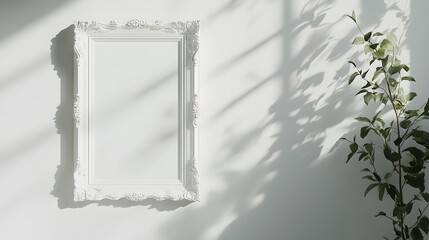 Ornate white vintage frame on pure white wall, soft shadow cast by unseen window, delicate plant silhouette, minimalist aesthetic, clean composition.