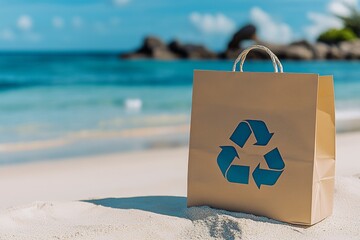 A reusable paper bag with a recycling symbol printed on it is placed on a sandy beach, symbolizing eco-friendly practices and the importance of recycling for environmental conservation.