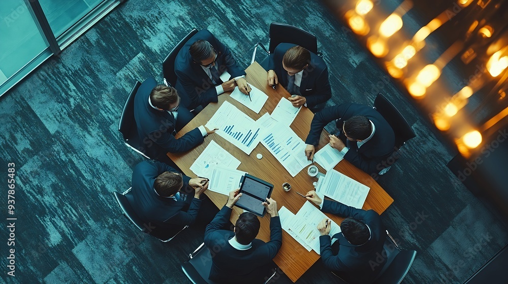 Poster Top down aerial view of smart business people analyze data together at meeting Group of business team working together and looking at financial chart at tablet placed on meeting table  : Generative AI