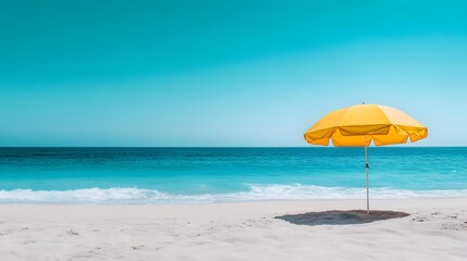 Serene beach scene, vibrant yellow beach umbrella, turquoise ocean, clear blue sky, soft sand, gentle waves, summer vacation vibes, minimalist composition.