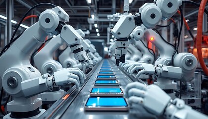 High-Speed Robotic Automation in Smartphone Manufacturing for Rapid and Accurate Assembly of Advanced Technology, Generated by AI