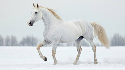 White horse running through a snow covered field