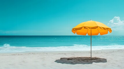 Serene beach scene, vibrant yellow beach umbrella, turquoise ocean, clear blue sky, soft sand, gentle waves, summer vacation vibes, minimalist composition.