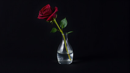 textured black background with vase with burgundy rose