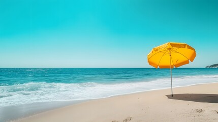 Serene beach scene, vibrant yellow beach umbrella, turquoise ocean, clear blue sky, soft sand, gentle waves, summer vacation vibes, minimalist composition.