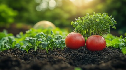 Two ripe tomatoes stand amidst lush greens in fertile soil under warm afternoon light