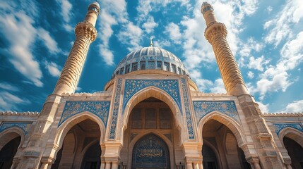 Umm AlTabbul Mosque In Baghdad Iraq with beautiful cloud blue sky : Generative AI © The Little Hut