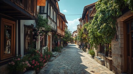 Fototapeta premium Traditional street in the old town of Sozopol Bulgaria : Generative AI