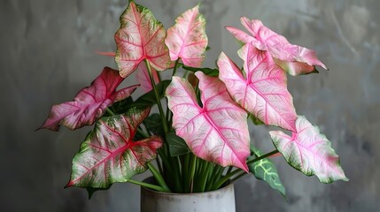 A vibrant arrangement of colorful caladium leaves in a modern vase against a textured background.