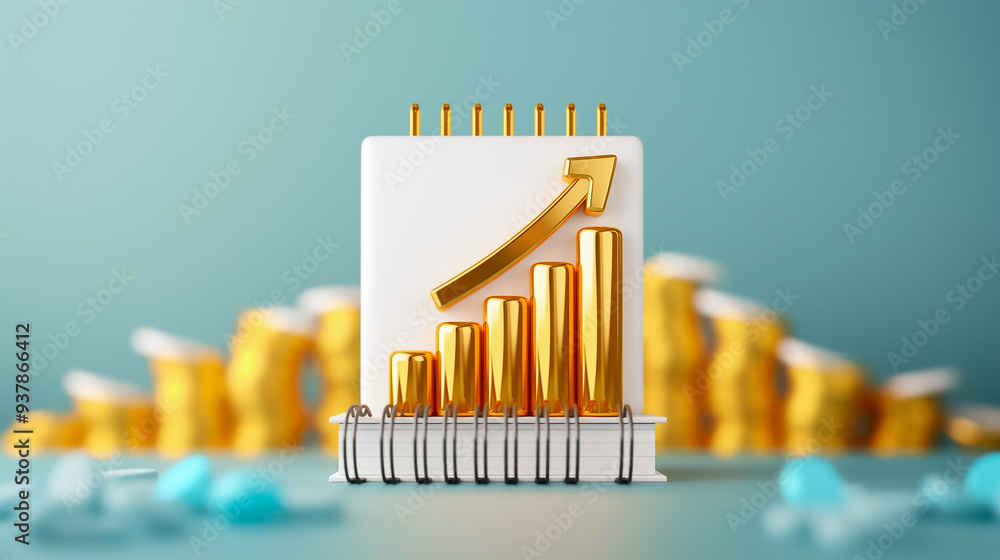 Poster a notepad with a rising golden bar graph is placed in front of blurred stacks of coins, illustrating