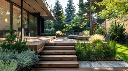 Modern wooden terrace with steps for a country house. Cozy garden with a house, recreation area, garden landscaping.