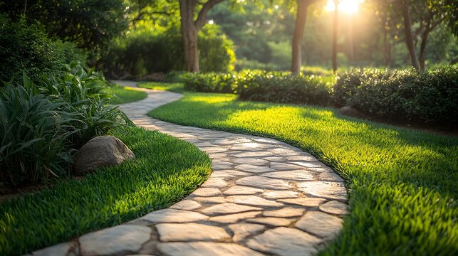Winding stone path in lush garden, bright sunlight, vibrant green grass, verdant foliage, landscaped park, natural flagstones, serene atmosphere, dappled sunlight.