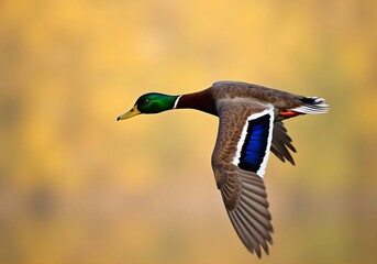 Obraz premium Mallard duck flying against golden bokeh