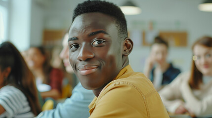 Fototapeta premium Young male student smiles during class in a modern classroom