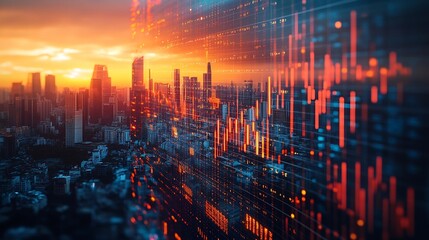 Image of financial data processing over cityscape Global business finances computing and data processing concept digitally generated image : Generative AI