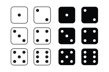 Game dice Icon with side of cube from one to six number. Set of black icon sided for gamble. Dot on cube of casino