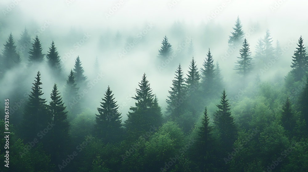 Poster misty spruce forest with low clouds in mountains natural background and atmospheric weather conditio