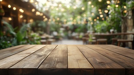 Empty wood table with blur interior outdoor space coffee  restaurant or cafe for background : Generative AI