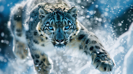 A close-up shot of a snow leopard leaping through a blizzard, its powerful paws kicking up a flurry of snow, blue-grey fur blending with the icy background