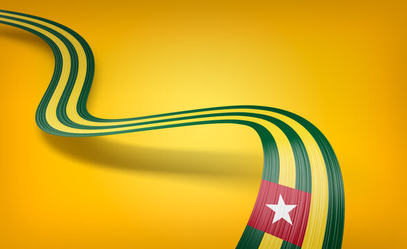 Flag Of Togo Wavy Shiny Togo Ribbon Flag Isolated On Yellow Background 3d Illustration