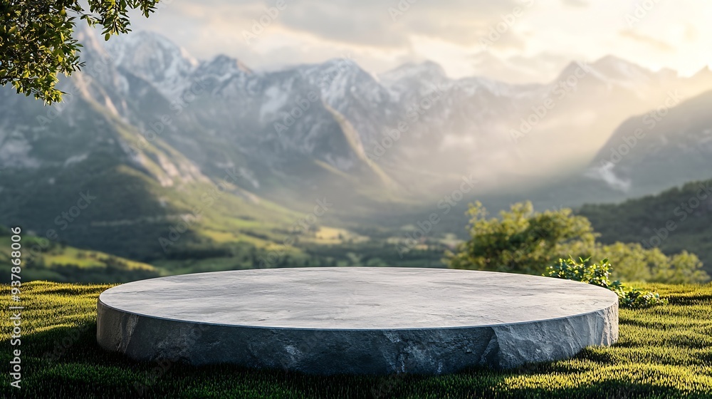 Poster Abstract 3d render platform and mockup natural background Stone podium on the grass field backdrop meadow mountain for product stand display advertising or etc : Generative AI