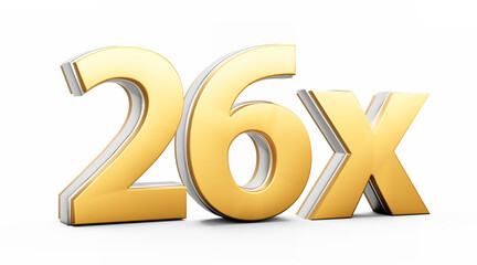 Golden Shiny 26x Twenty Six x Sign For Advertising And Dynamic Sales Presentations 3D Illustration